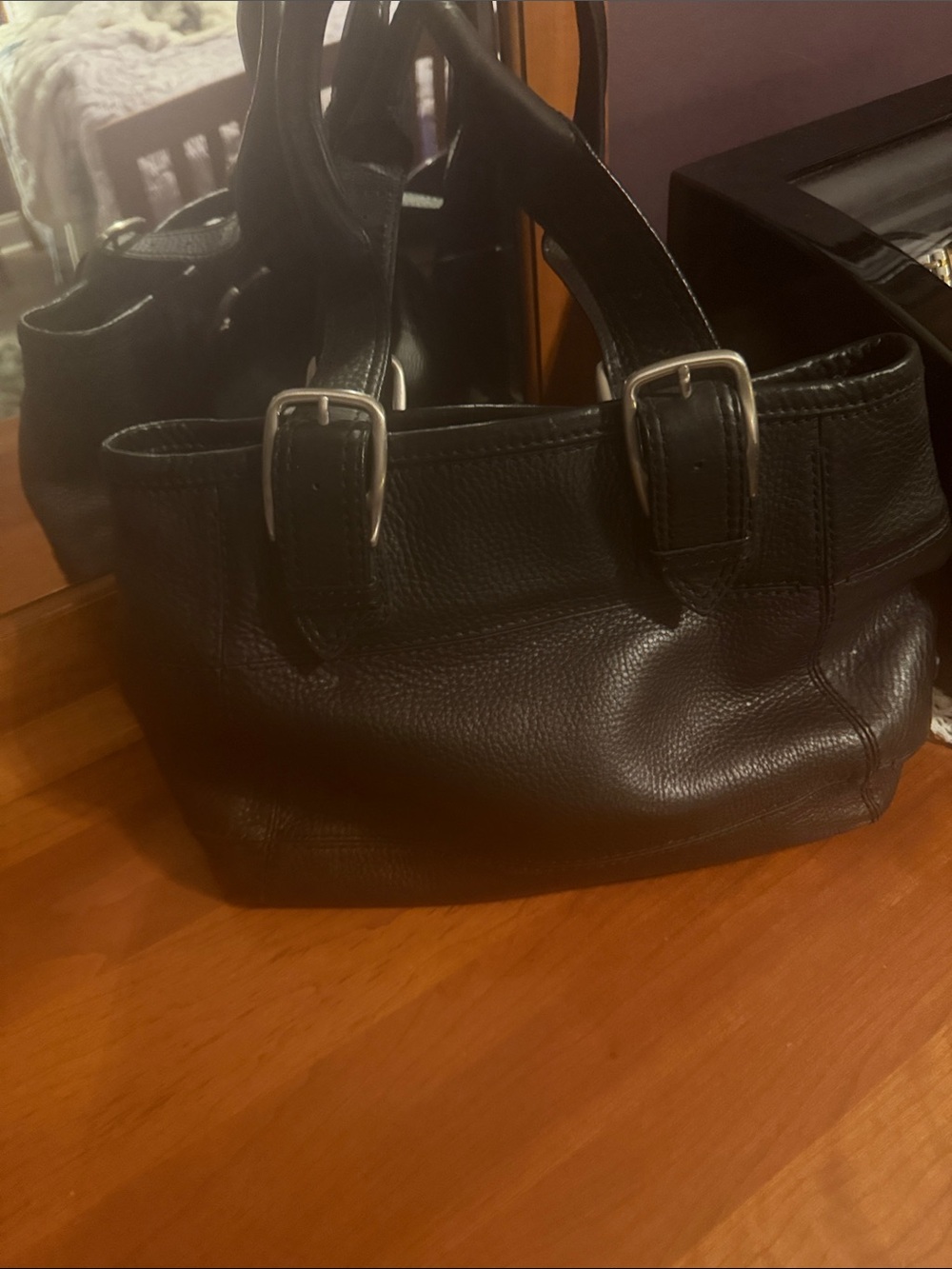 Cole Haan Black Pebbled Leather Shoulder Bag with Buckle Straps